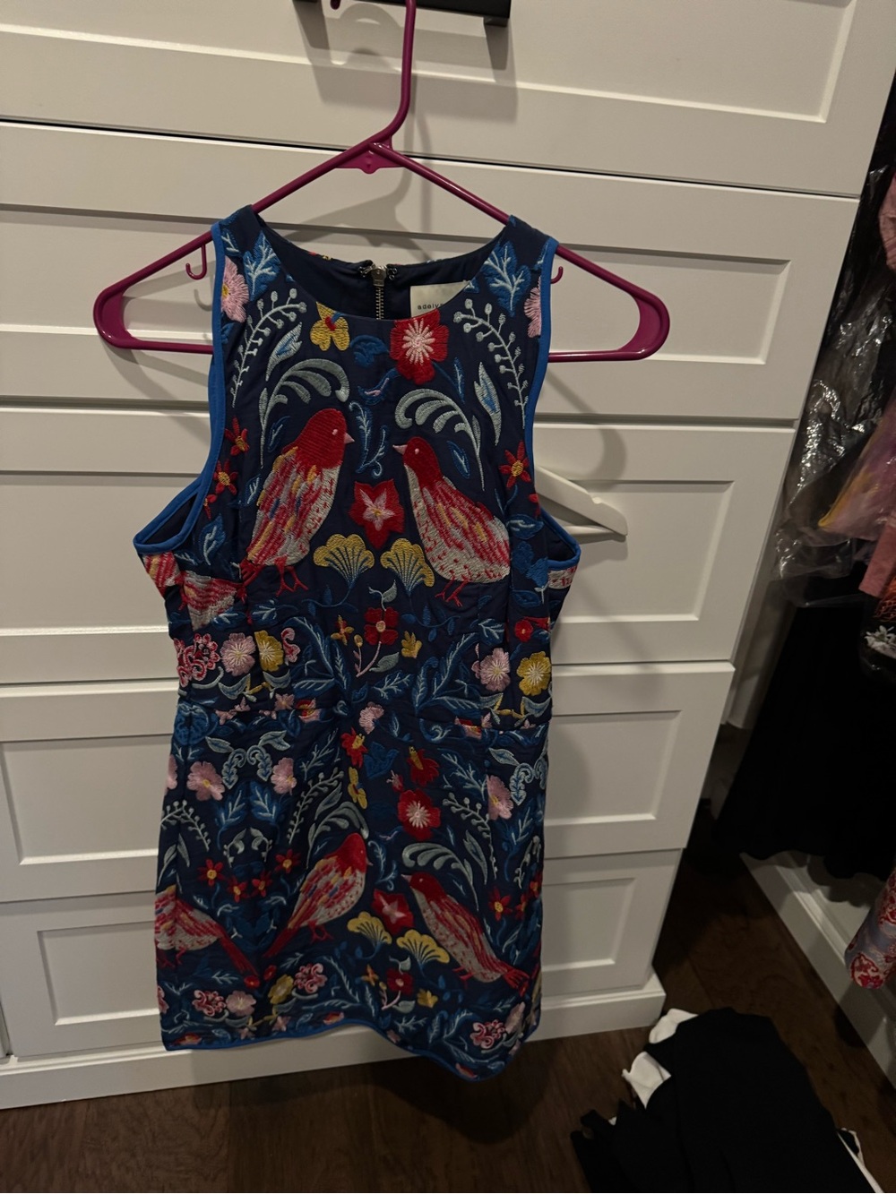 Embroidered Navy Floral & Bird Sleeveless Dress SMALL NEW